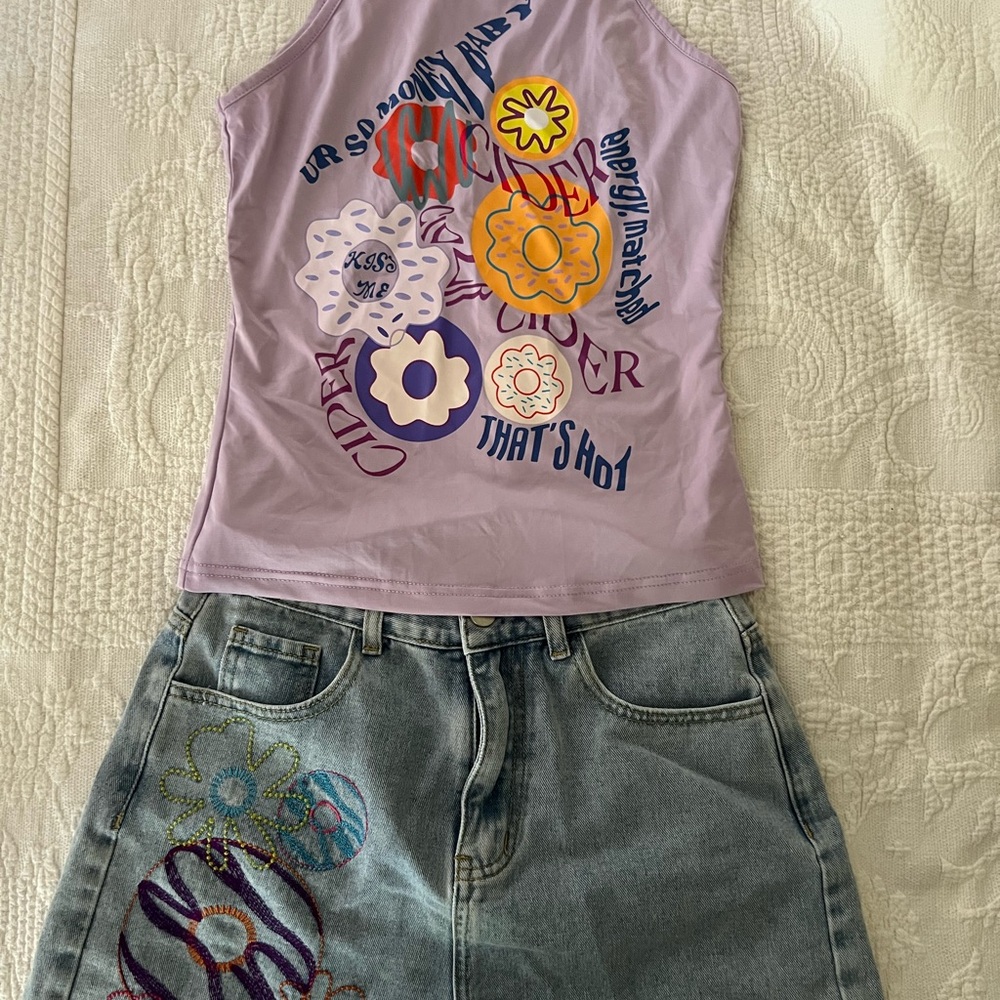 Cider Lavender Cartoon Graphic Tank Top and Shorts Set